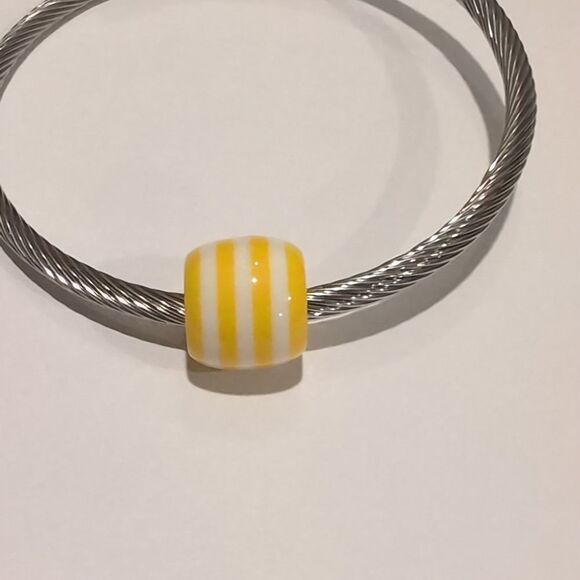 Yellow and White Striped Charm for Pandora Style Bracelet‎ - Picture 2 of 4